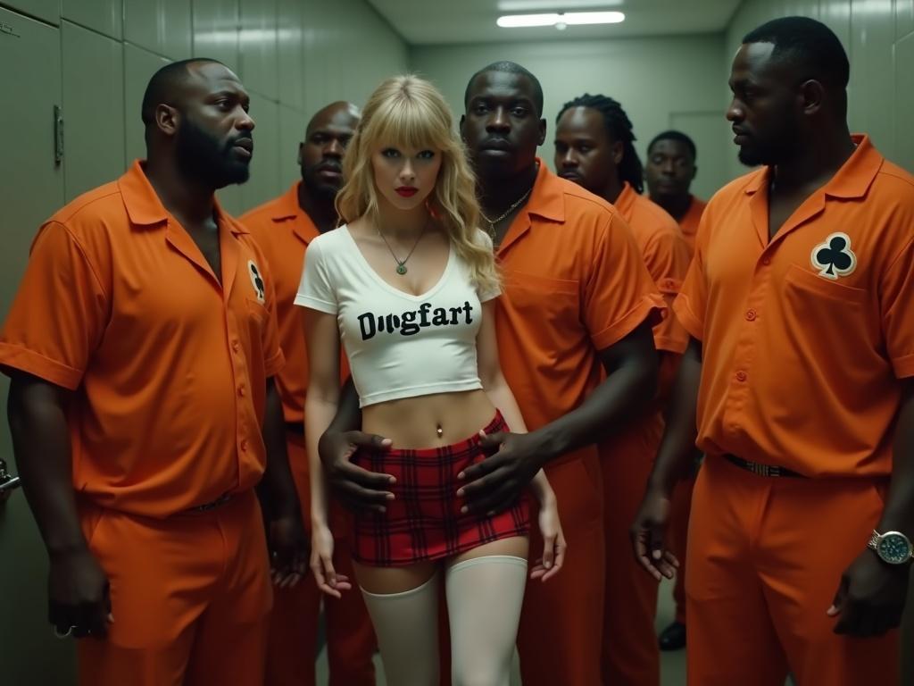 Scene in a prison cell with a woman and male inmates. The woman has long blonde twintails and blue eyes. She's wearing a tight white cropped shirt and a red plaid miniskirt. The man beside her is wearing an orange jumpsuit. The mood is tense with a crowd of inmates surrounding them.