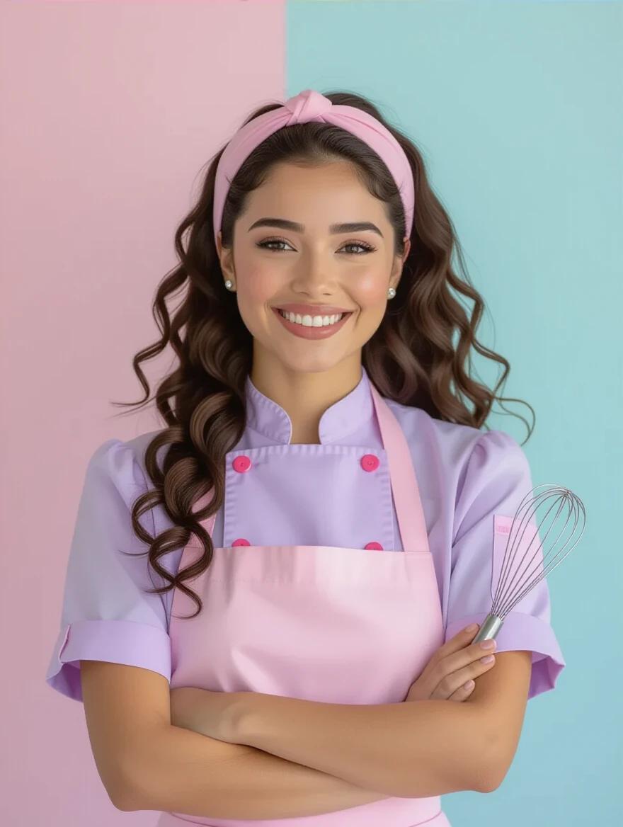 Portrait of a Brazilian pastry chef standing against a pastel-colored background. She has long curly hair tied back with a pink headband. She wears a light lilac blouse with pink buttons and a pink apron. She holds a whisk confidently with arms slightly crossed. The background is soft pastel colors.