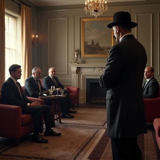 An elegant drawing room features Art Deco furnishings. A detective with a neat mustache questions a group of well-dressed guests who sit tensely.
