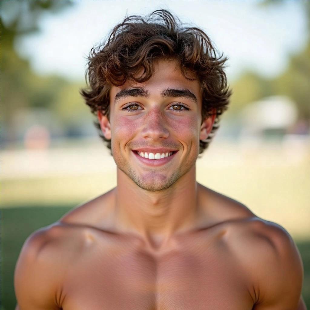 Generate a realistic shirtless portrait of a fit and charismatic 19-year-old student-athlete with a swimmer's build. Curly brown hair and clear brown eyes. Relaxed yet confident in a casual outdoor setting.