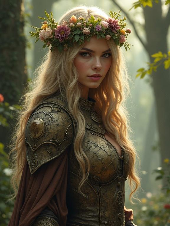 Digital painting of a female druid in forest. Female warrior in armor made of tree bark. Wood grains visible on breastplate. Flower head wreath on her head. Looking into the camera.