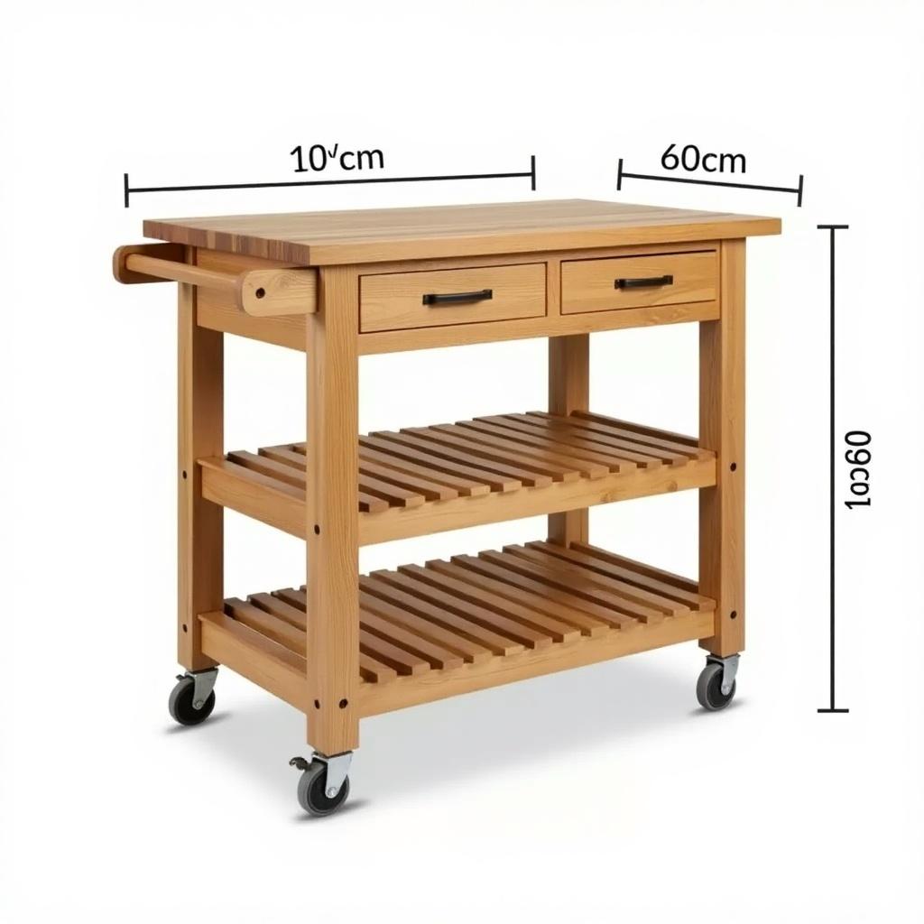 Kitchen island on wheels features butcher block table top. Designed with two slatted shelves for storage. Dimensions are 100cm long and 60cm wide. Slats width is 10cm. Constructed in oak.