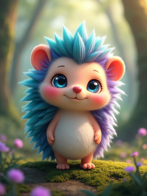 An animated, hedgehog-like creature stands on a forest floor. It has a round face, large blue eyes, small pink nose, and a gentle smile. Quills are teal and purple with a gradient effect. Fluffy white underbelly contrasts with spikes. Rounded ears, fluffy tail, and tiny paws complete its look. The dreamy forest background has green moss and purple flowers with soft light.