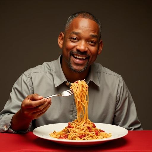 A man eating spaghetti with a smile. He holds a fork with noodles and sits at a table with a red tablecloth.