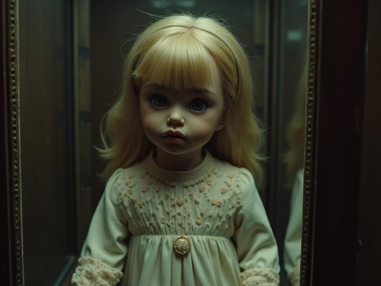 Close-up of a doll in a glass case. The setting appears calm and controlled. The doll has blonde hair and is wearing a vintage dress. The atmosphere is mysterious.