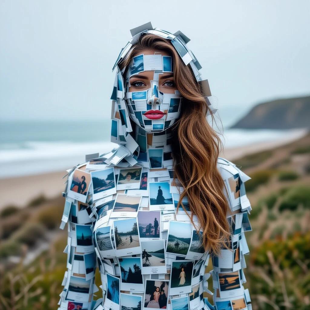 A woman stands on the beach. Her body is covered in polaroids. The photos depict various memories. The ocean and a coastal landscape are in the background. The scene conveys a sense of nostalgia and emotion.