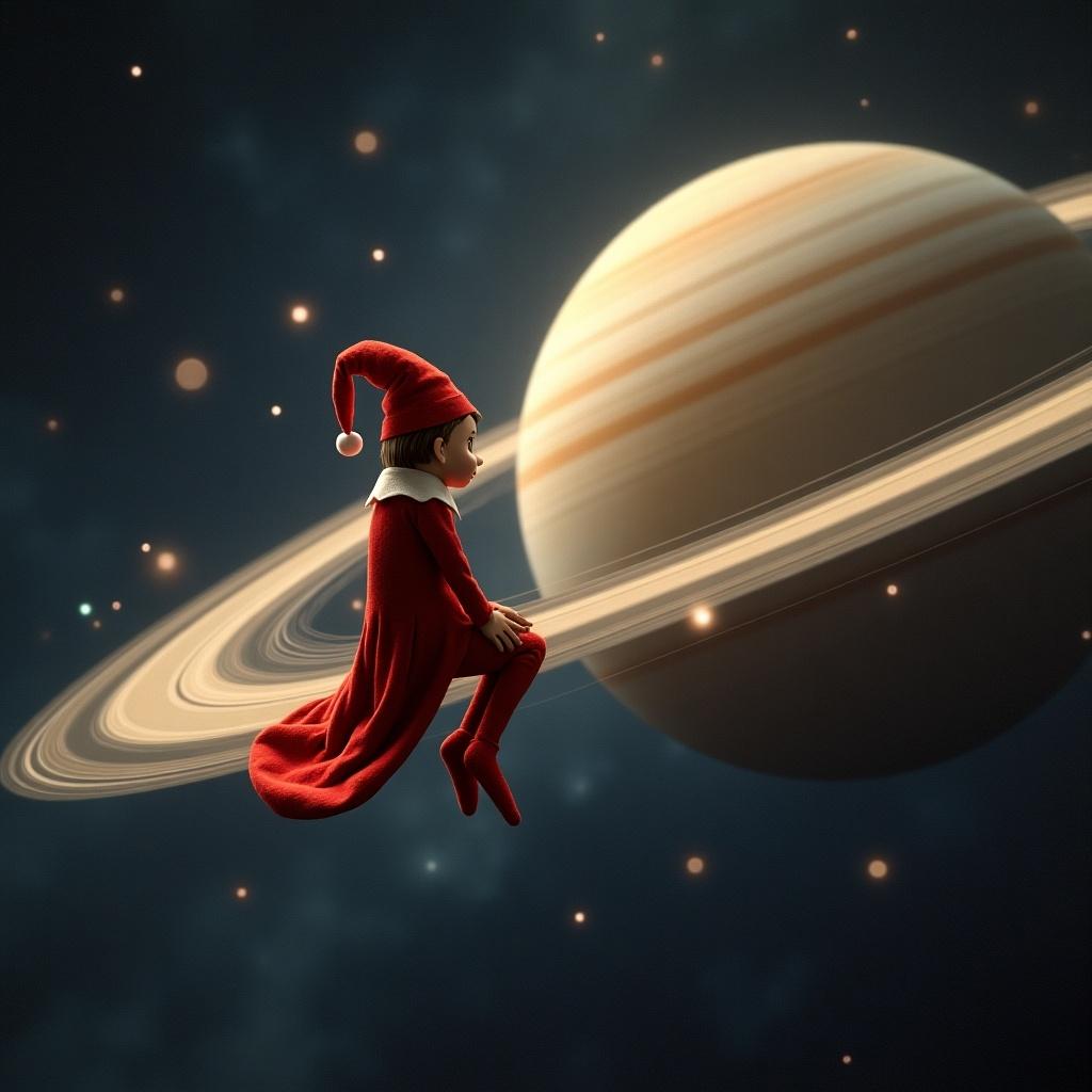 A red haired elf visits Saturn's rings. The elf sits on the rings of the planet. Space background with twinkling stars.