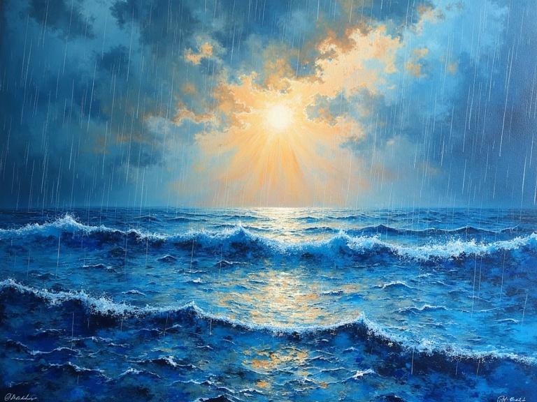 Ink splatter painting of rain storm over ocean. Surreal and abstract style. Shades of blue and golden rays of sun reflected on water. Rain and ocean merging. Cracking canvas with light blue oil wash.