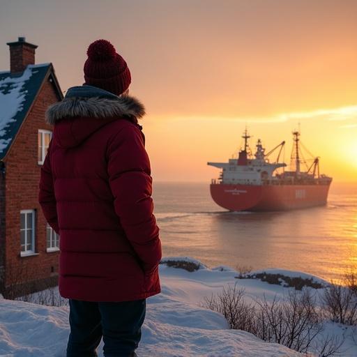 Tall man dressed warmly standing at the edge of water looking at an oil ship during sunset. Brick house nearby adds to the winter scenery.