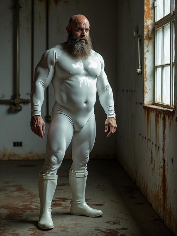 A bearded bodybuilder wearing a shiny white latex bodysuit and rubber boots stands in a decaying room. Rusted metal plates and exposed pipes surround. The atmosphere conveys strength amid decay.