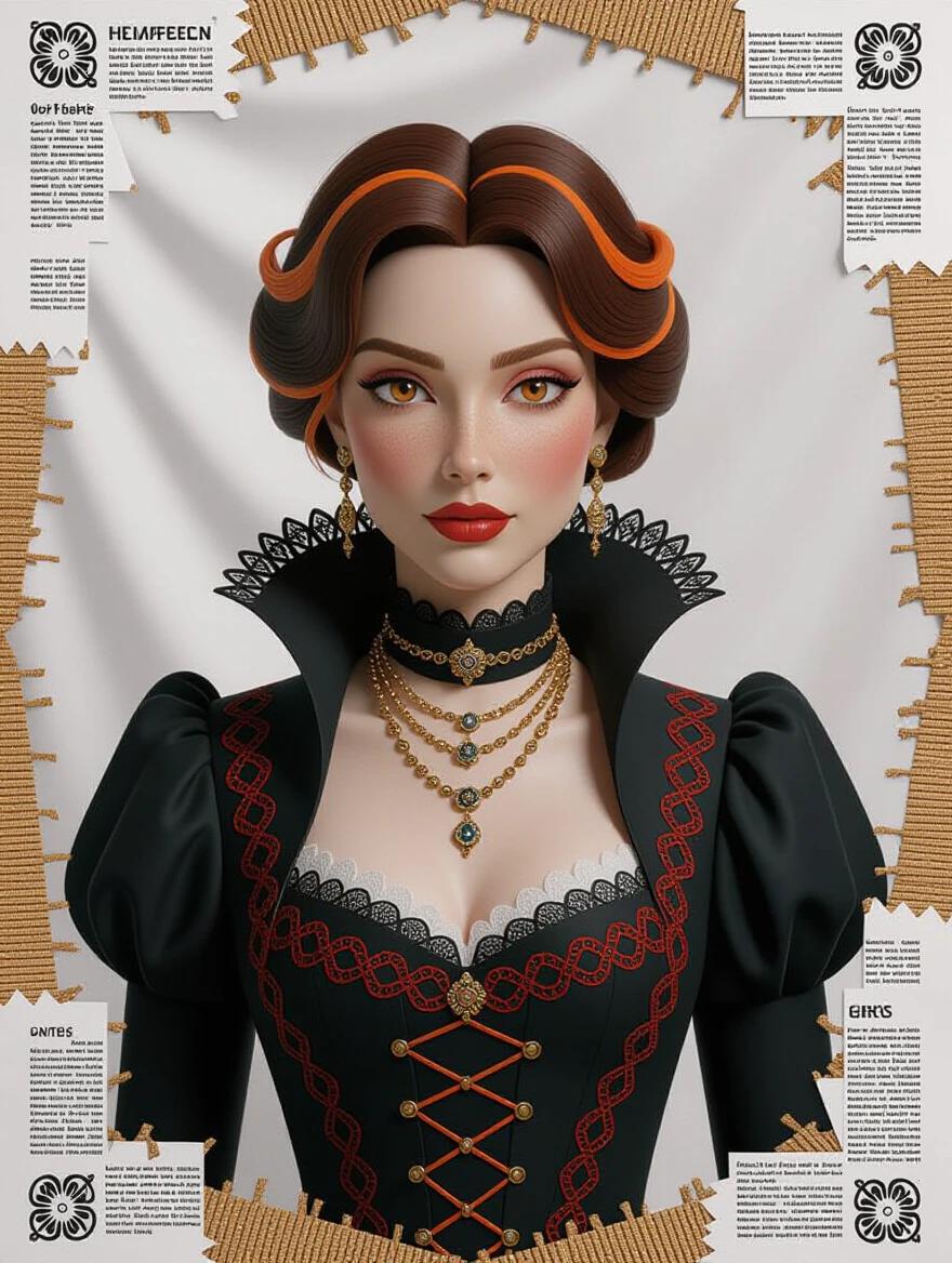 Striking androgynous woman in Victorian attire. Against white backdrop. Medium brown hair with orange highlights. Orange eyes. Jewelry adorned. High-quality digital rendering. 3d Disney V-Shaped red strings. Hyperdetailed supermodel. Zentangle and 3D Droste effect techniques. Artwork in 8k resolution. Oil painting style. Textured materials including newspaper and wood. Collage elements with scratches and tears. Luminous colors. Emanating depth.