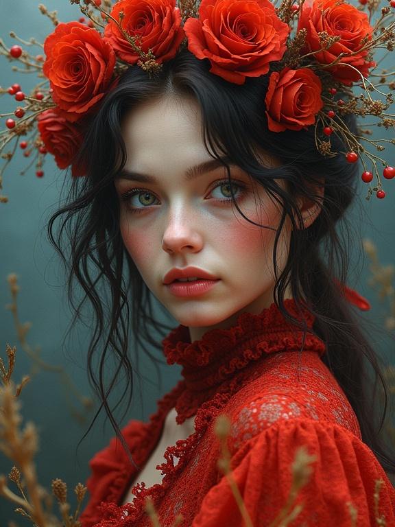 Beautiful young woman with red roses in hair. Model wears red clothing. Aligned at side with graceful expression. Background features soft tones. Focus on facial details and floral crown. Digital art style with realistic finish.