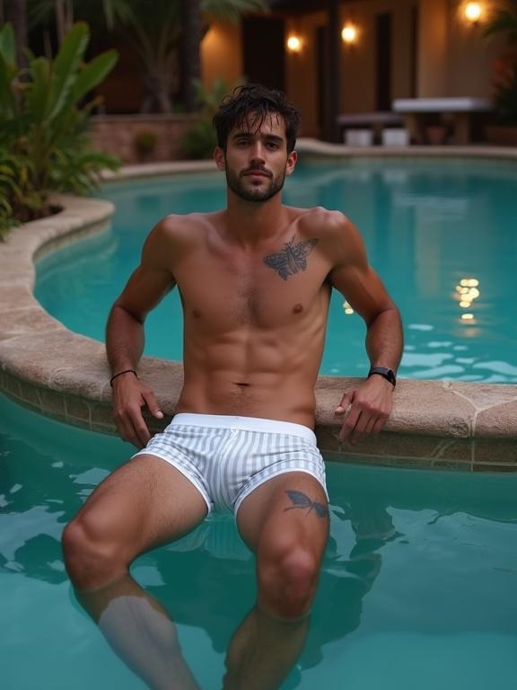 A young adult man relaxes in a swimming pool. The pool has beautiful stonework and is lit naturally by ambient lighting. Water reflects moonlight. The man wears light striped boxer shorts. His hair is damp. He has tattoos on his legs and looks playfully at the camera.