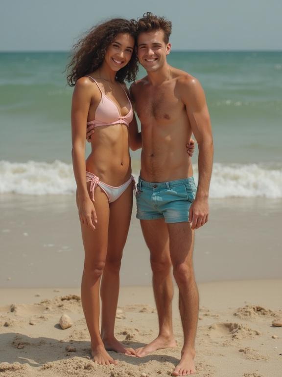 Beautiful siblings stand together at the beach. The sister wears a bikini with matching shorts. The brother wears denim shorts. They pose in a bright sunny setting by the ocean.
