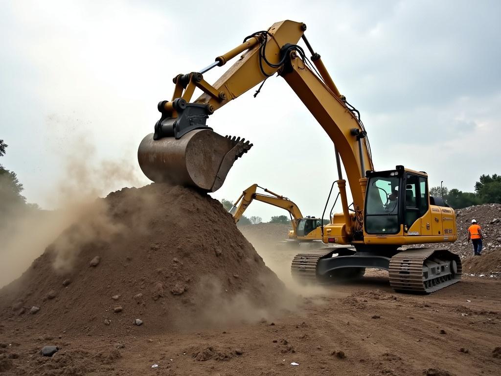 A heavy yellow excavator is lifting a large pile of debris on a construction site. The scene is set with dust swirling around in the air, creating a gritty atmosphere. In the background, other machinery is seen operating, further adding to the busy site environment. Workers wearing safety gear can be seen overseeing the operation. The sky is slightly cloudy, and the lighting reflects the industrial setting.