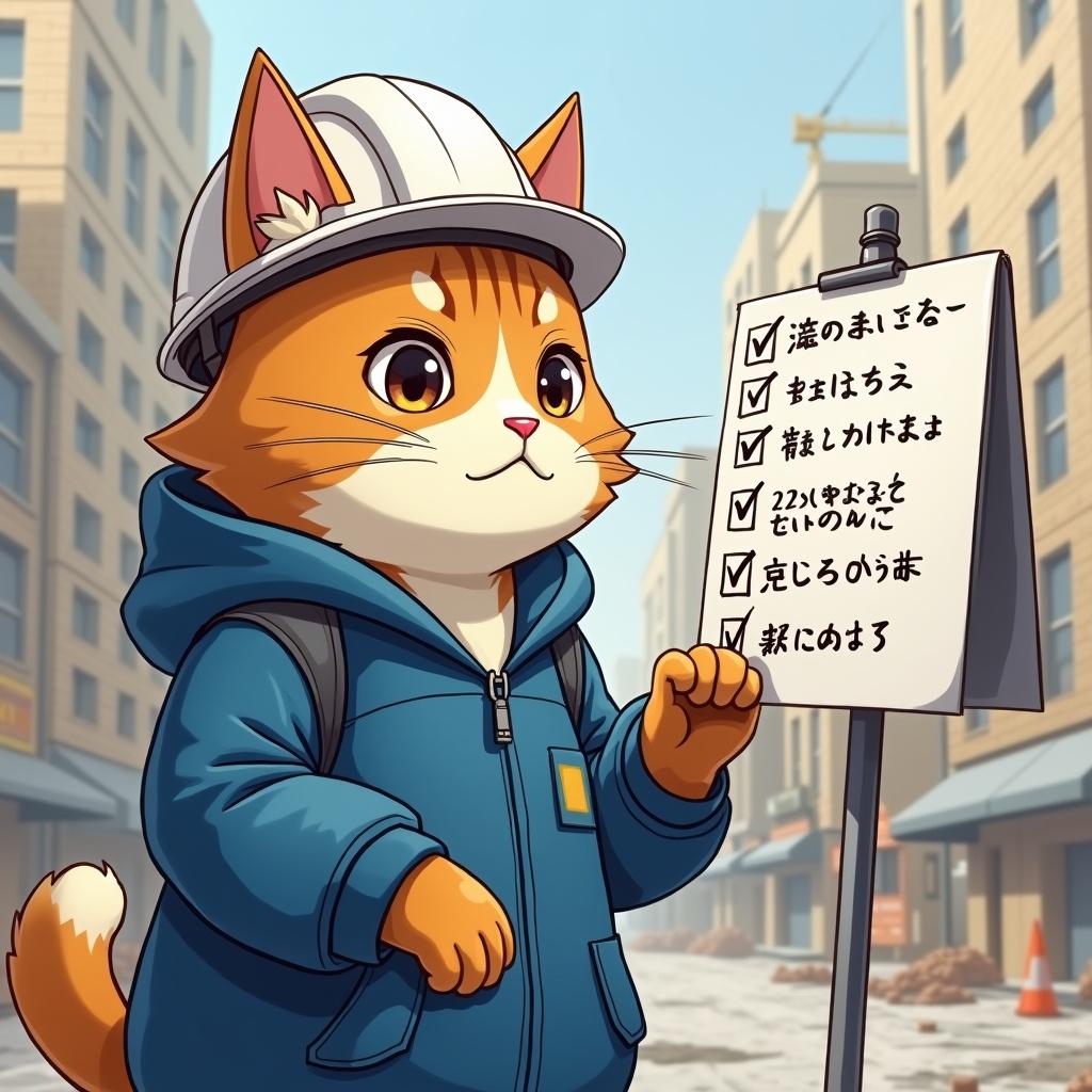 Cat in a blue work jacket and white helmet on a construction site. Cat holds a checklist and points with paw. Serious expression. Side view. Genba Neko style.