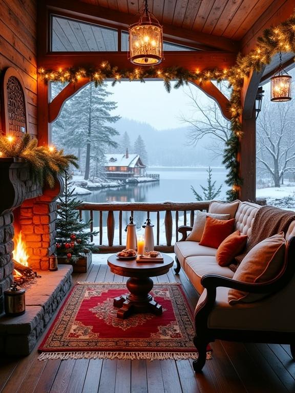 Charming winter cabin porch scene. Cozy comfort in snowy weather. Warm inviting setup with vintage rustic elements. Roaring fireplace with decorative jars. Small round coffee table with books, candles, silver teapot, and pastries. Red Oriental-style rug. Upholstered wooden chair with throw blanket. Overhead string lights for warm glow. Wall lanterns with amber lighting. Additional dining area with snowy lake view. Mini Christmas tree with red ornaments. Holiday decor and tranquility in background.
