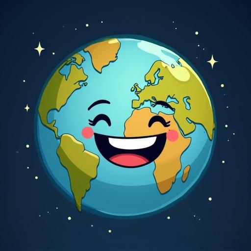 Cartoon illustration of planet Earth with a smiling face. Earth has large closed eyes and a wide mouth expressing joy. Continents Africa, Europe, and Asia are visible. Oceans are blue, land areas green and brown. Thin black outline. Dark night sky with stars in the background. Cheerful childlike style.