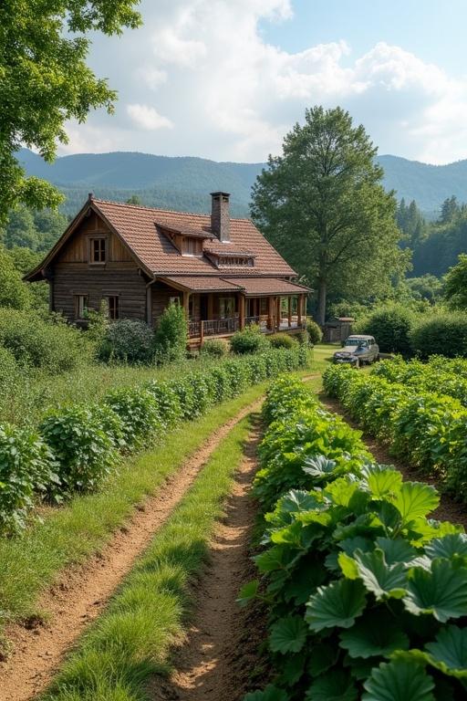 A 1000m2 farm features a 150m2 wooden villa with a picturesque setting. Chicken house present with two sheep nearby and a vegetable area flourishing. Lush greenery surrounds the property with a pathway leading to the villa.