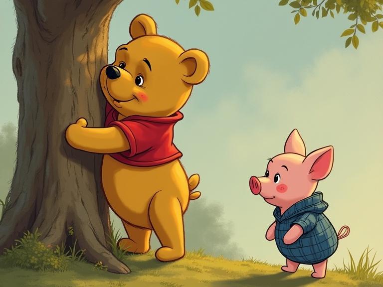 Teddy bear resembles Winnie the Pooh from Soviet cartoon. Bear is round and fluffy with short paws. Dark ears and a tummy are visible. Bear tries to hug a thick tree trunk but unable to. Stubborn expression shows effort. A pink piglet in blue plaid jumpsuit stands nearby. Piglet watches bear with an anxious look. Scene uses warm soft colors like a fairy tale.