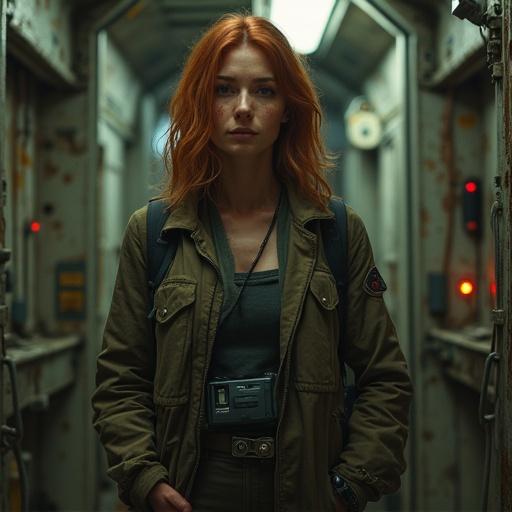 Photorealistic image of a young female war correspondent in a dimly lit corridor of a spaceship. She has red hair and a determined expression. The surroundings are gritty and industrial with metal walls.