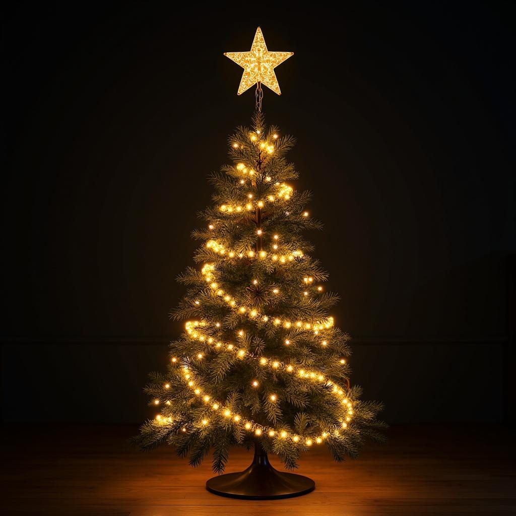 Decorated Christmas tree with twinkling lights and star topper in a dark setting