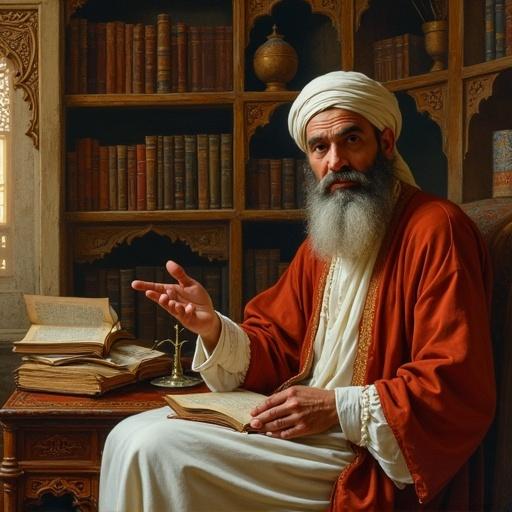A 19th-century Orientalist painting shows a venerable Andalusian scholar from Al-Andalus seated in a personal library. He has an engaged expression, slightly open mouth. Behind him, shelves filled with codices and scrolls are visible, with Moorish architectural elements in the background. Soft light enhances the scene. The atmosphere conveys wisdom and scholarly passion.