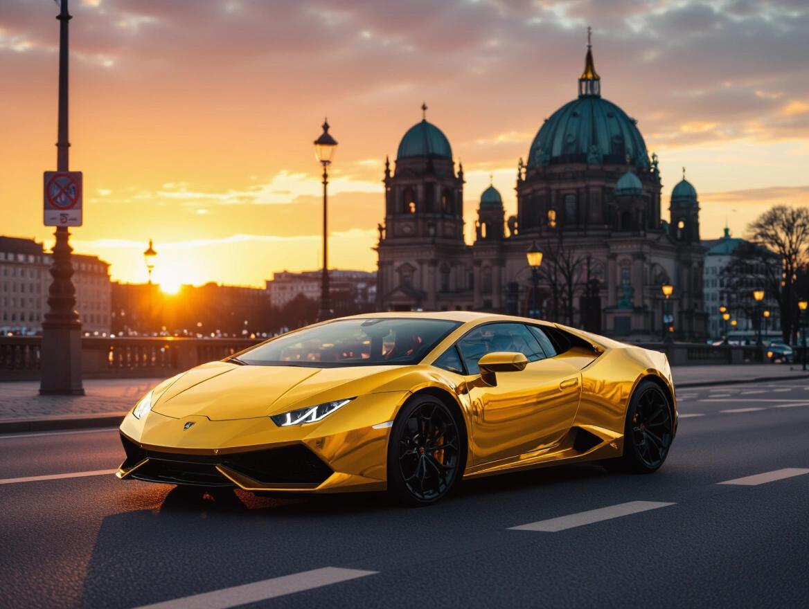 Photo shows a golden Lamborghini driving through a street in Berlin during sunset. Golden light illuminates the scene. The background features Berlin Cathedral. The car is shiny and sleek. The sky displays warm tones during golden hour.