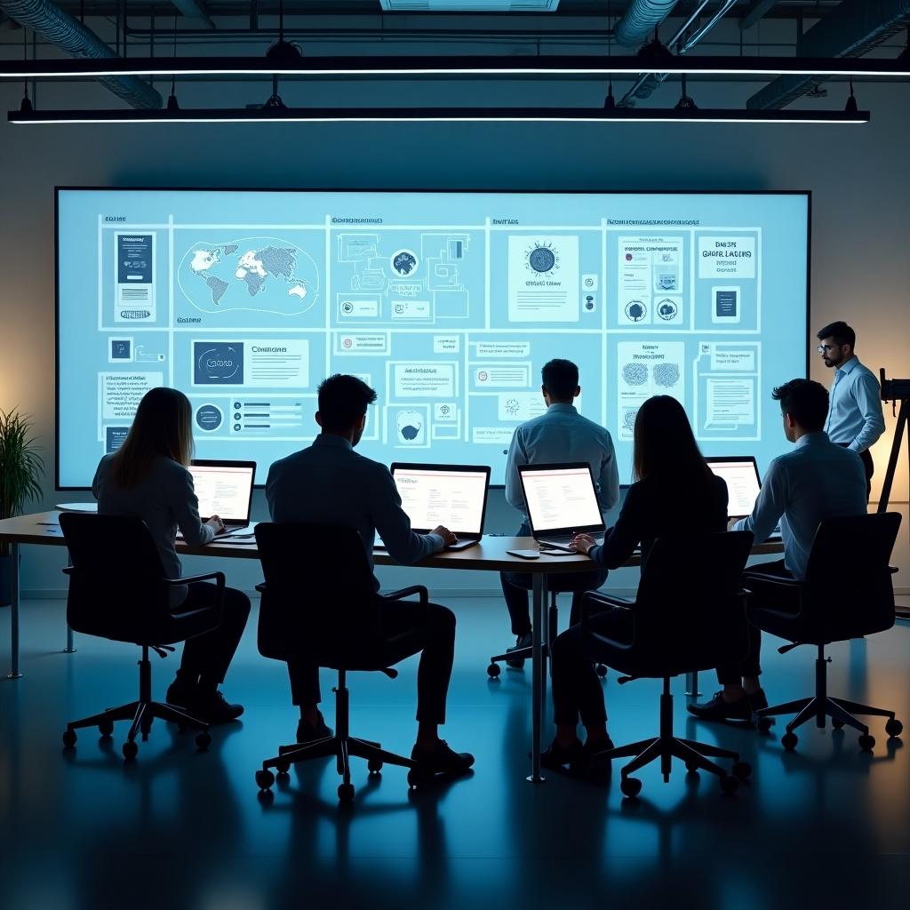 Modern office scene with a team of professionals engaged in a meeting. Team members focus on laptops surrounded by digital data visuals displayed on a large screen. The environment reflects a tech-savvy workspace.