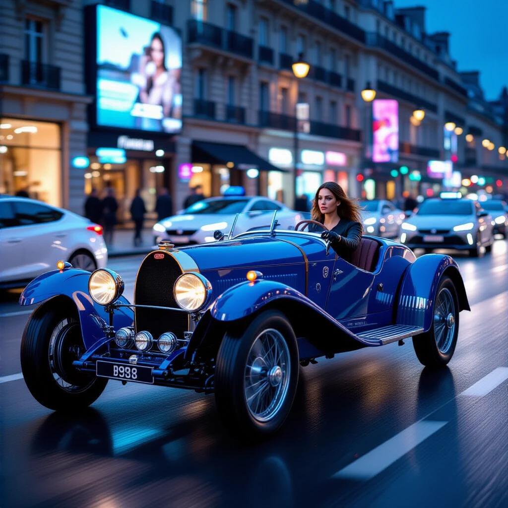 Photorealistic night urban scene in Paris 2025. Stunning blue 1924 Bugatti T35 with massive wheels moving quickly on Champs-Élysées. Beautiful driver has intense eyes and gloved hands gripping the steering wheel. The car shows hand-riveted bodywork and visible engine parts. Background has a blend of self-driving pods and holographic advertisements. Shot captured with high-end camera and specific settings for sharp focus on the car and driver.