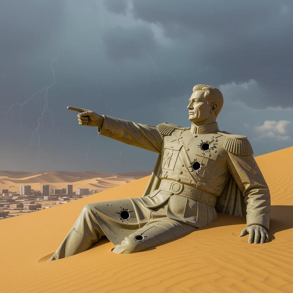 A large statue of a human general lies half-buried in sandy dunes. An abandoned city is nearly covered by sand in the background. Bullet holes are seen in the statue's surface. The statue points at the horizon. A storm brews above.