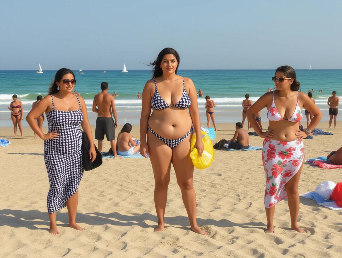 Three women in swimwear stand on a sandy beach. The background shows beachgoers, sails, and a vast ocean. Women display confidence and style in their chosen swimwear. Blue skies and sunny weather enhance the scene.