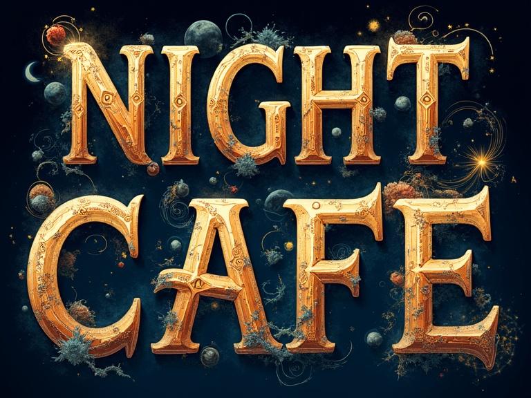A fantastical font represents miniature universe letters. Intricate designs swirl like ancient runes. The words 'NIGHT CAFE' form invitingly.
