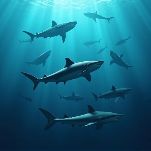 A group of sharks swimming together in the ocean. The scene shows multiple sharks in deep blue water with sunlight above. Sharks are displayed in a natural underwater habitat.