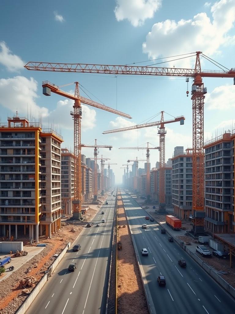 Aerial view of a construction site featuring several cranes and unfinished buildings. The scene captures a busy urban landscape with a highway in the foreground. The construction company MAG UNIFIED is depicted amidst other competing firms.