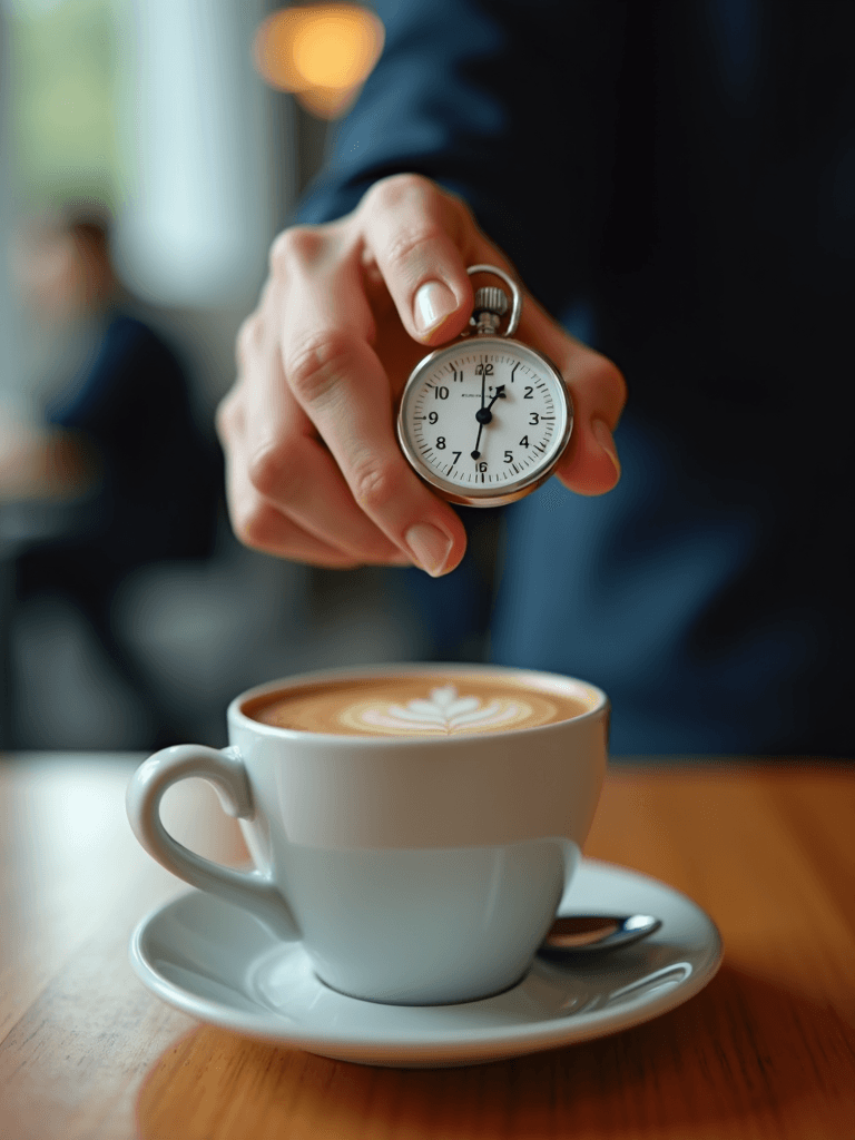 A hand holds a stopwatch above a cup of latte with intricate latte art in a cozy café setting.