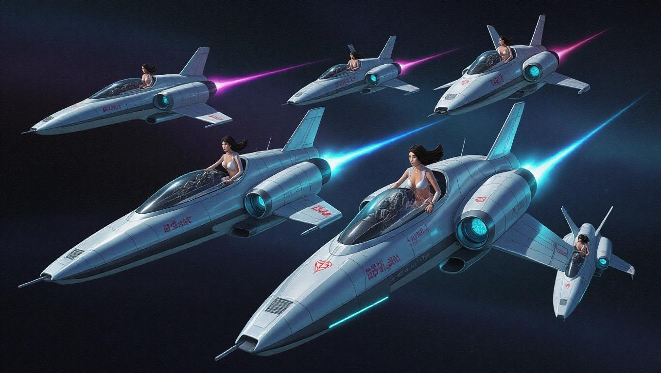 Futuristic battle style spaceships with beautiful Asian women pilots depicted in a dynamic scene