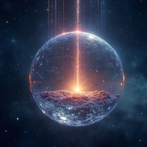 A massive glass bubble drifts through space containing the last mind of humanity. Its surface reflects thoughts in vibrant fractals and glowing equations. Every thousand years, a tear becomes a comet. Cosmic and ethereal, hyperrealism, cinematic quality.