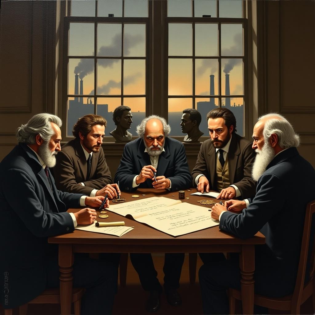 Realistic handcrafted Marxist scene in a 19th century study. High-ceilinged room with tall windows showing factory smokestacks at dusk. Seven working-class figures in period attire engaged in debate around an oak table. Rousseau using a compass on parchment, Paine expressing a point, Mill writing in a journal, Skelton with a cog, Meade holding coins, Rawls with a scale, Marx observing. Blurred busts of theorists in the background, cold silhouettes of factories outside. Style mimicking Eugène Delacroix, warm earth tones, soft brushstrokes, layered oil texture. No written words, focus on gestures and environment.