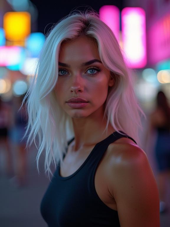 Photo of a young woman with platinum blonde straight hair. She has ice blue eyes and is wearing a black tank top. The background features dark blurry neon lights. The emphasis is on her beautiful face and striking eyes.