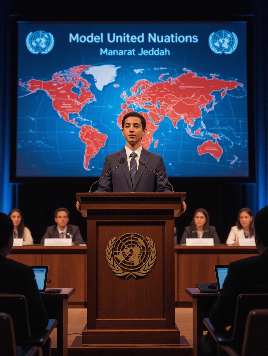Cinematic shot of a student delivering a speech at Model United Nations. Formal attire with a wooden podium and a large microphone. Dynamic world map on the screen in the background with UN logo. Audience members attentive with documents and laptops.