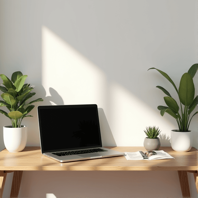 A minimalist workspace featuring an open laptop, two potted plants, and a small book, all on a wooden desk with a plain white wall backdrop.