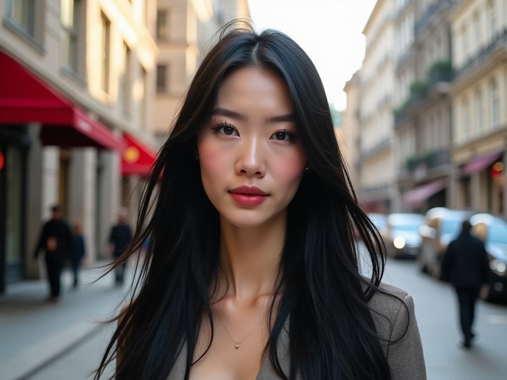 This image features a beautiful woman standing in an urban street. She has long, flowing dark hair and striking grey eyes, with a unique mixed heritage of half Chinese and half Danish. The photograph captures her in soft, natural light, enhancing her elegant appearance and warm skin tones. Surrounding her are elements of city life, with blurred cars in the background, adding depth to the scene. The focus is on her confident expression, showcasing a blend of beauty and style.