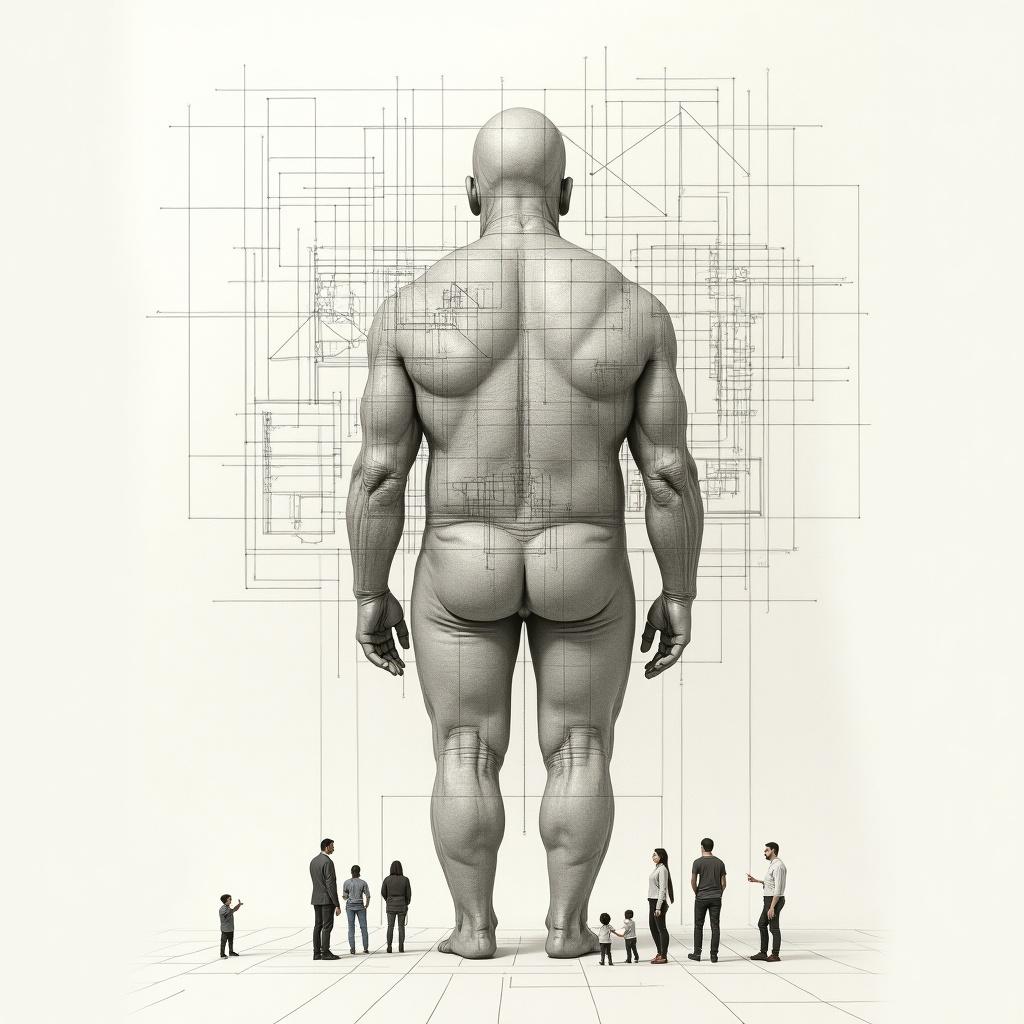 An abstract depiction showcases a large figure with architectural plans behind. Small people surround the figure, illustrating scale differences. Minimalistic style enhances focus on form and design.