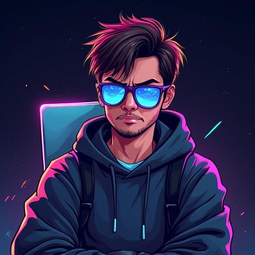 Comic-style illustration character with sarcastic expression wearing futuristic glasses and a dark hoodie with neon accents. Short messy hair, smirking in a dark background with glitch effects. Soft lighting on face, comic shading, holding a floating laptop, character half-turned with a confident and edgy vibe.