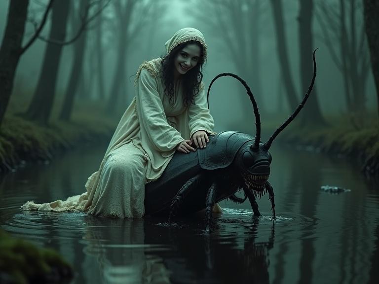A pale young vampire woman in a funeral shroud with clawed arms. She laughs while sitting on a giant cockroach in a gloomy swamp. The atmosphere is dark and otherworldly. Features stunted dry trees and fog. The scene is illuminated with green dim light and muted colors.