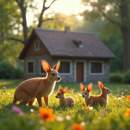 Ultra-realistic scene with a mother animal and four baby animals in a grassy area with flowers. A cozy house is in the background. Soft sunlight creates a warm atmosphere. Display of family togetherness in nature.