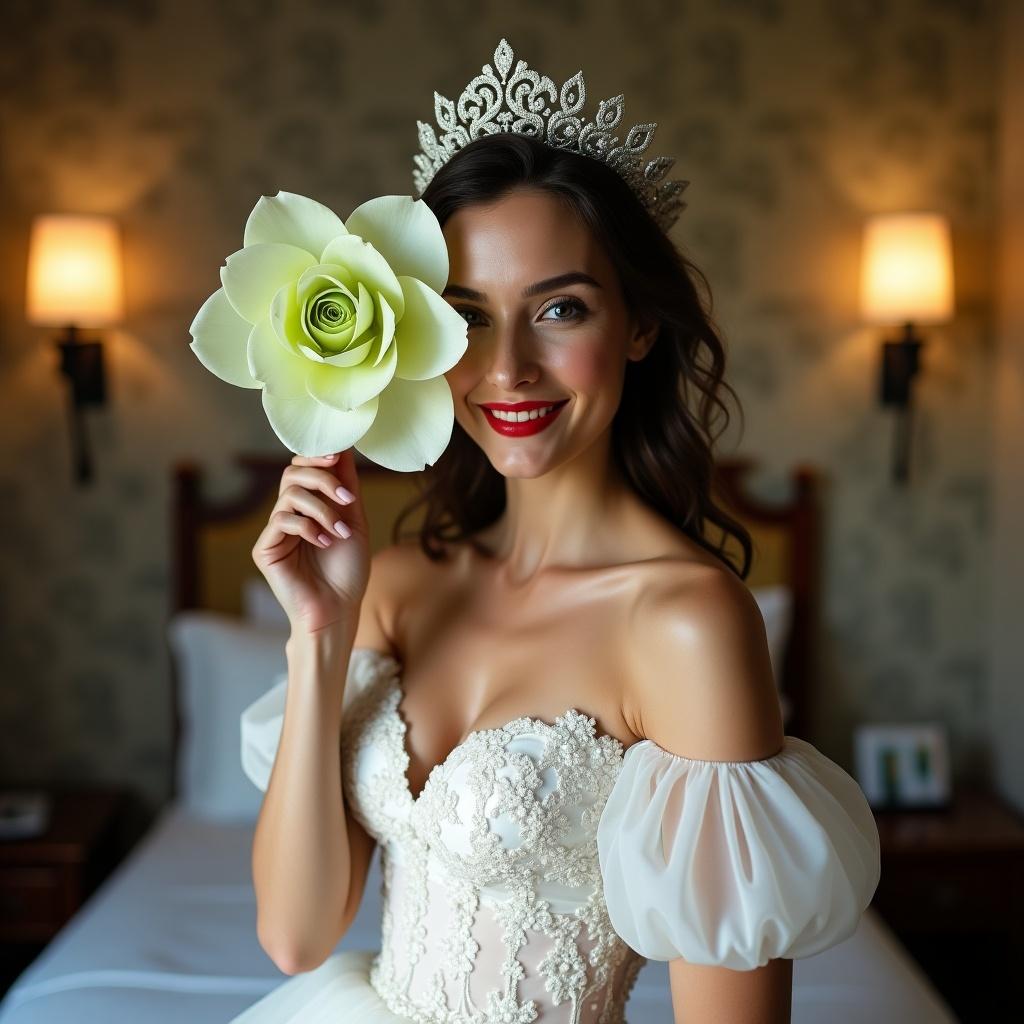 A woman in wedding dress poses in hotel room. She wears decorative crown and smiles. Bright red lipstick enhances her look. Soft lighting creates warm vibe. White gown features delicate lace and floral embroidery. Green flower partially obscures her face, adding elegance.