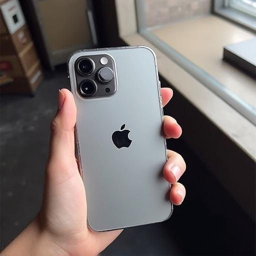 A hand holding an iPhone with a transparent case. The background includes a window and a blurry interior. The lighting is uneven with some overexposure. The mood is casual and unremarkable.
