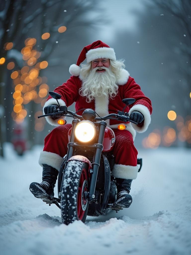 Santa Claus in red and white costume rides can am spyder motorcycle through snowy landscape. Background features blurred forest and festive lights. Snow covers the ground.